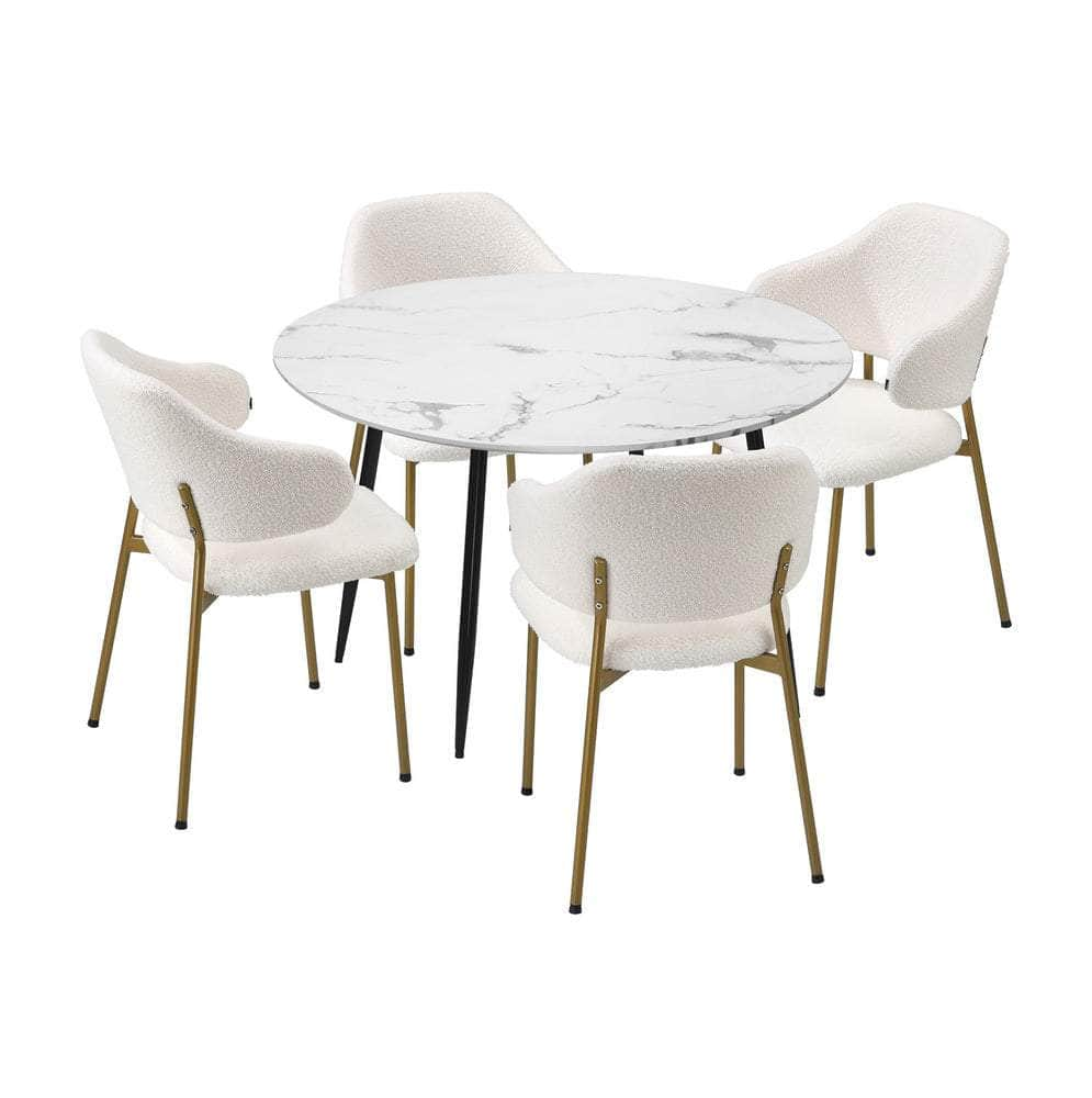 110cm Round Dining Table with 4PCS Chairs Sherpa Gold