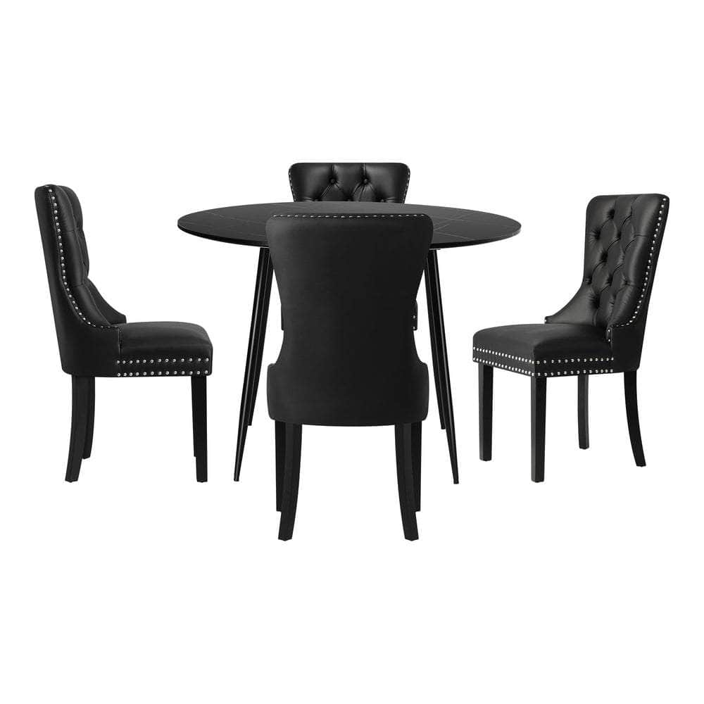 110cm Round Dining Table with 4PCS Chairs Velvet Black