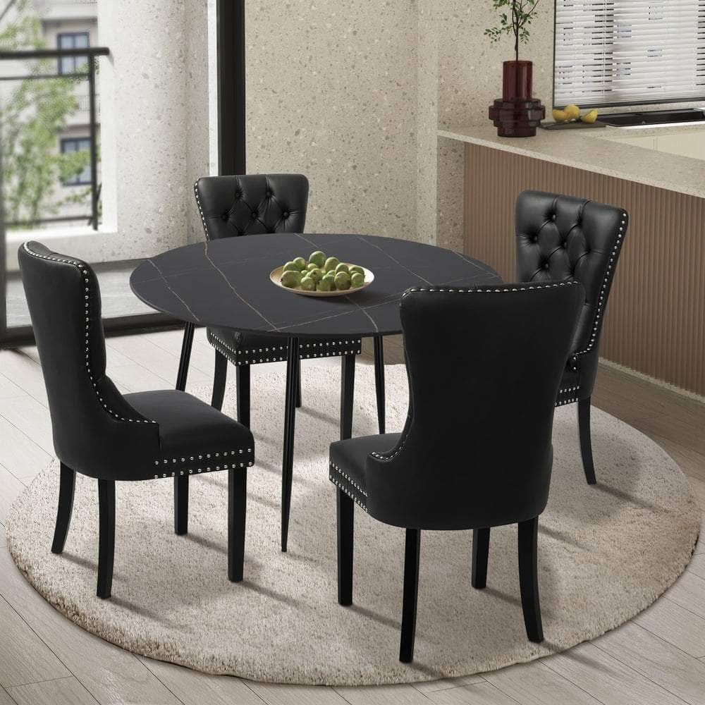 110cm Round Dining Table with 4PCS Chairs Velvet Black