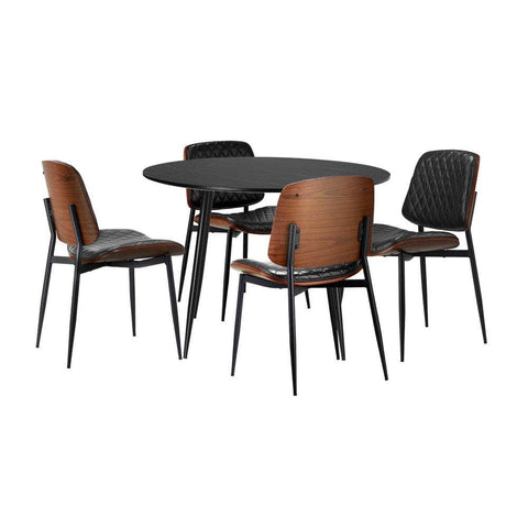 110cm Round Dining Table with 4PCS Dining Chairs Leather Black