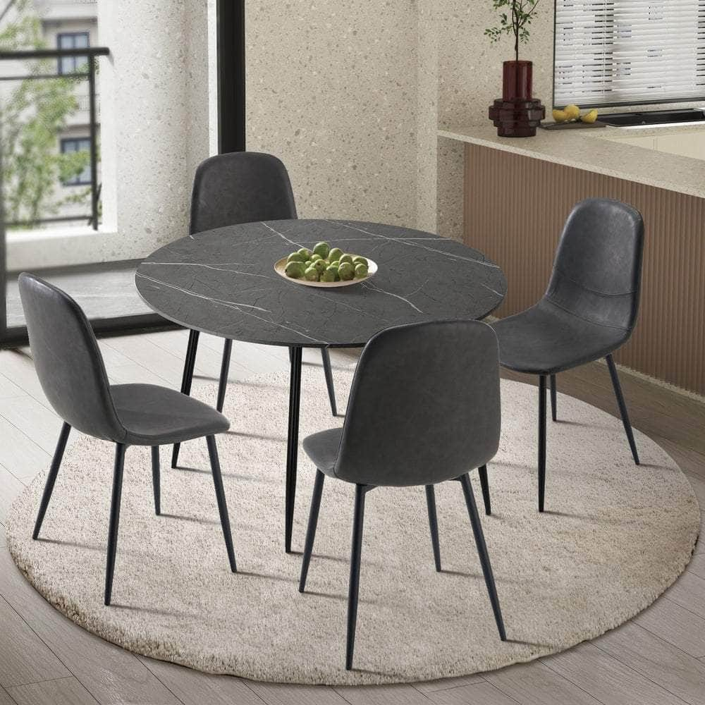 110cm Round Dining Table with 4PCS Dining Chairs PU Grey&Black