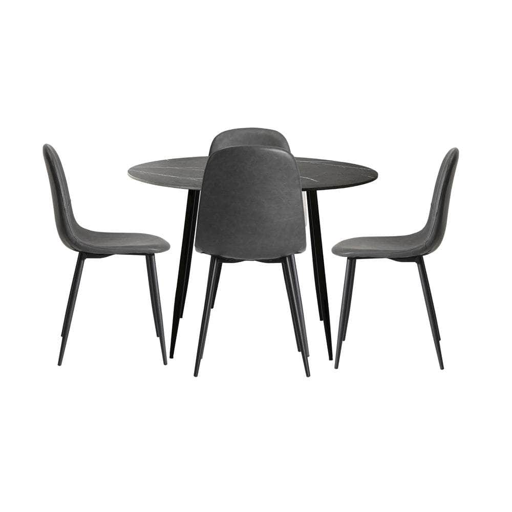 110cm Round Dining Table with 4PCS Dining Chairs PU Grey&Black