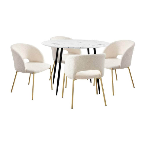 110cm Round Dining Table with 4PCS Dining Chairs Sherpa Gold