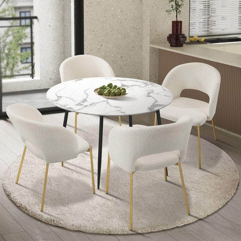 110cm Round Dining Table with 4PCS Dining Chairs Sherpa Gold