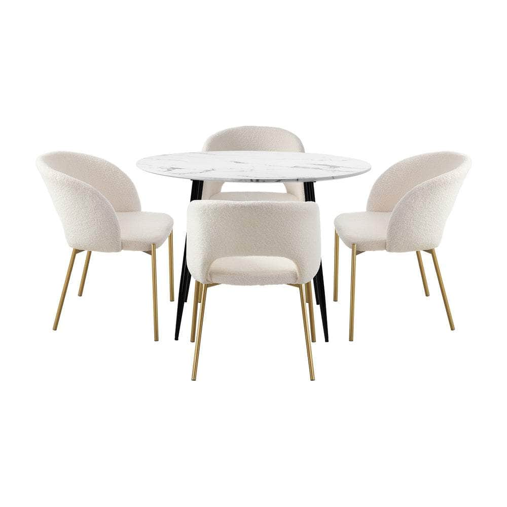 110cm Round Dining Table with 4PCS Dining Chairs Sherpa Gold