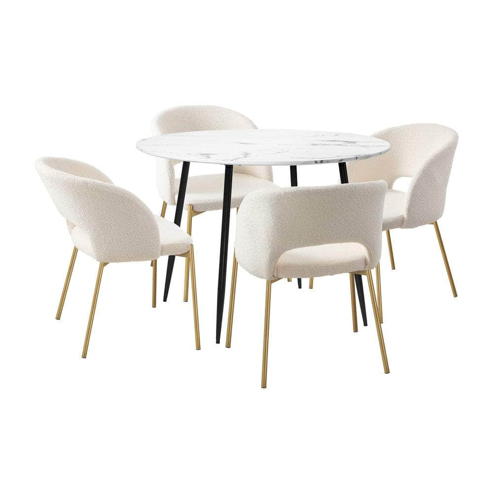 110cm Round Dining Table with 4PCS Dining Chairs Sherpa Gold