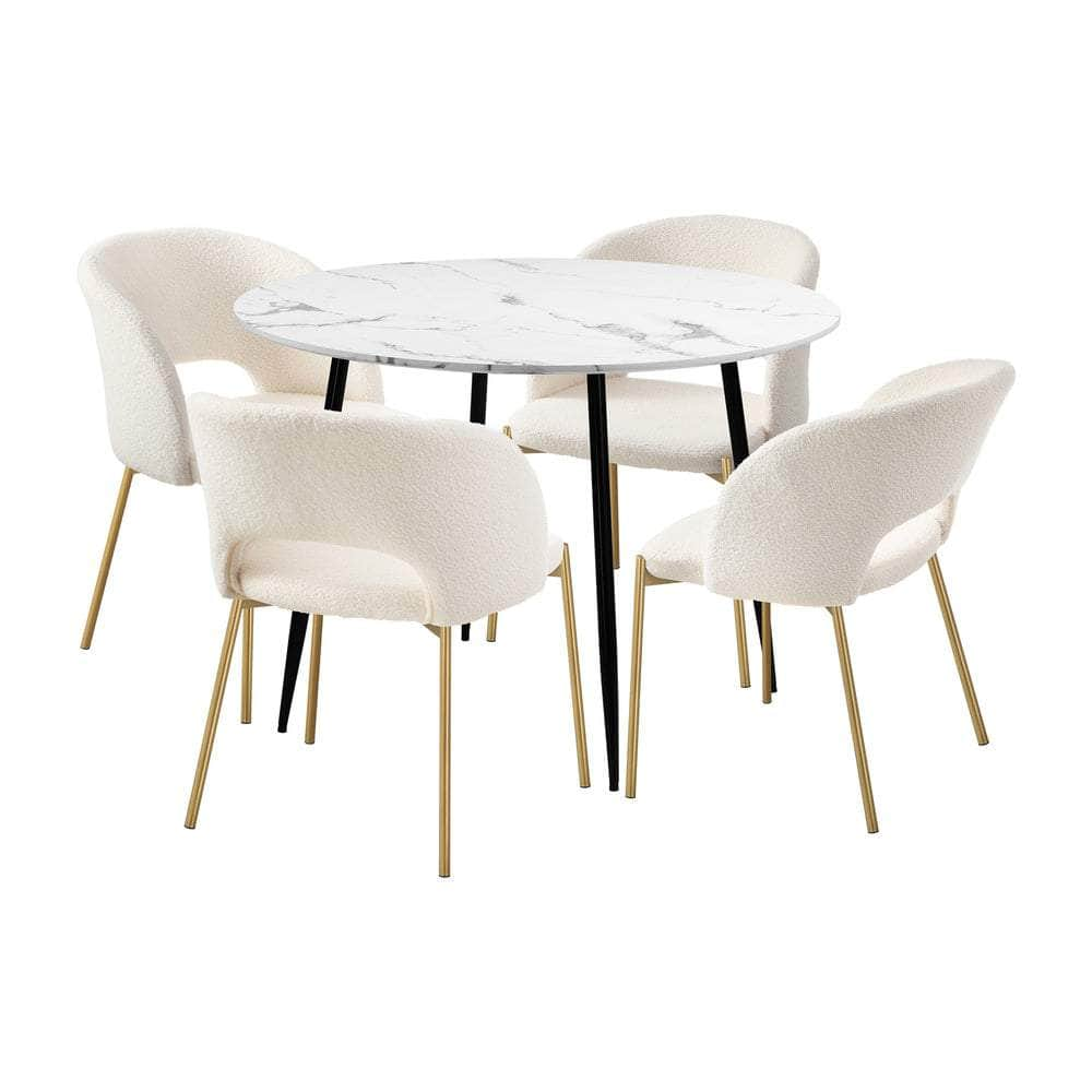 110cm Round Dining Table with 4PCS Dining Chairs Sherpa Gold