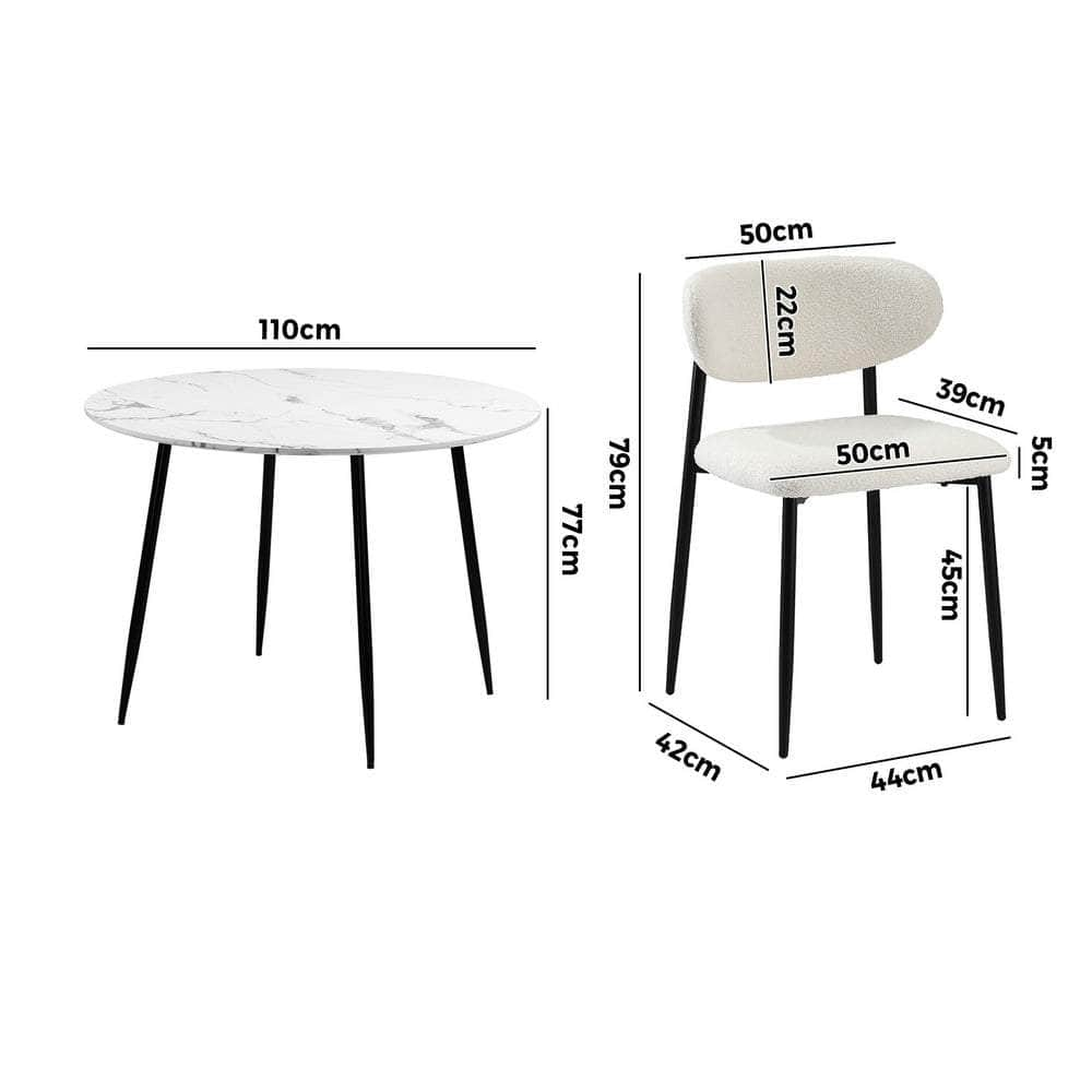 110cm Round Dining Table with 4x Dining Chairs Boucle Black&White