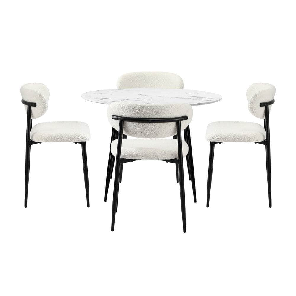 110cm Round Dining Table with 4x Dining Chairs Boucle Black&White