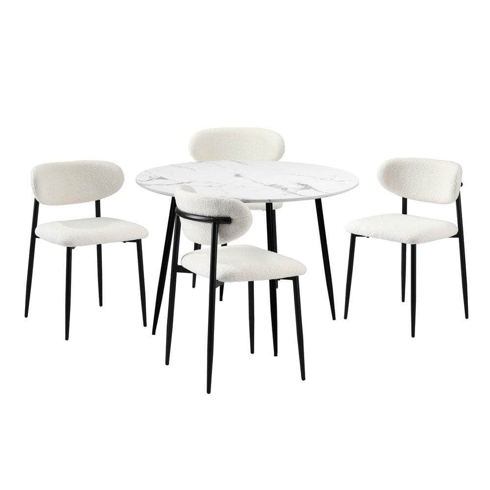 110cm Round Dining Table with 4x Dining Chairs Boucle Black&White