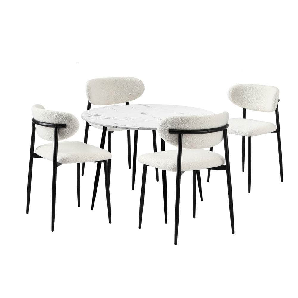 110cm Round Dining Table with 4x Dining Chairs Boucle Black&White