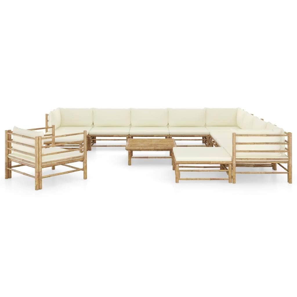 12 Piece Garden Lounge Set with Cream White Cushions Bamboo