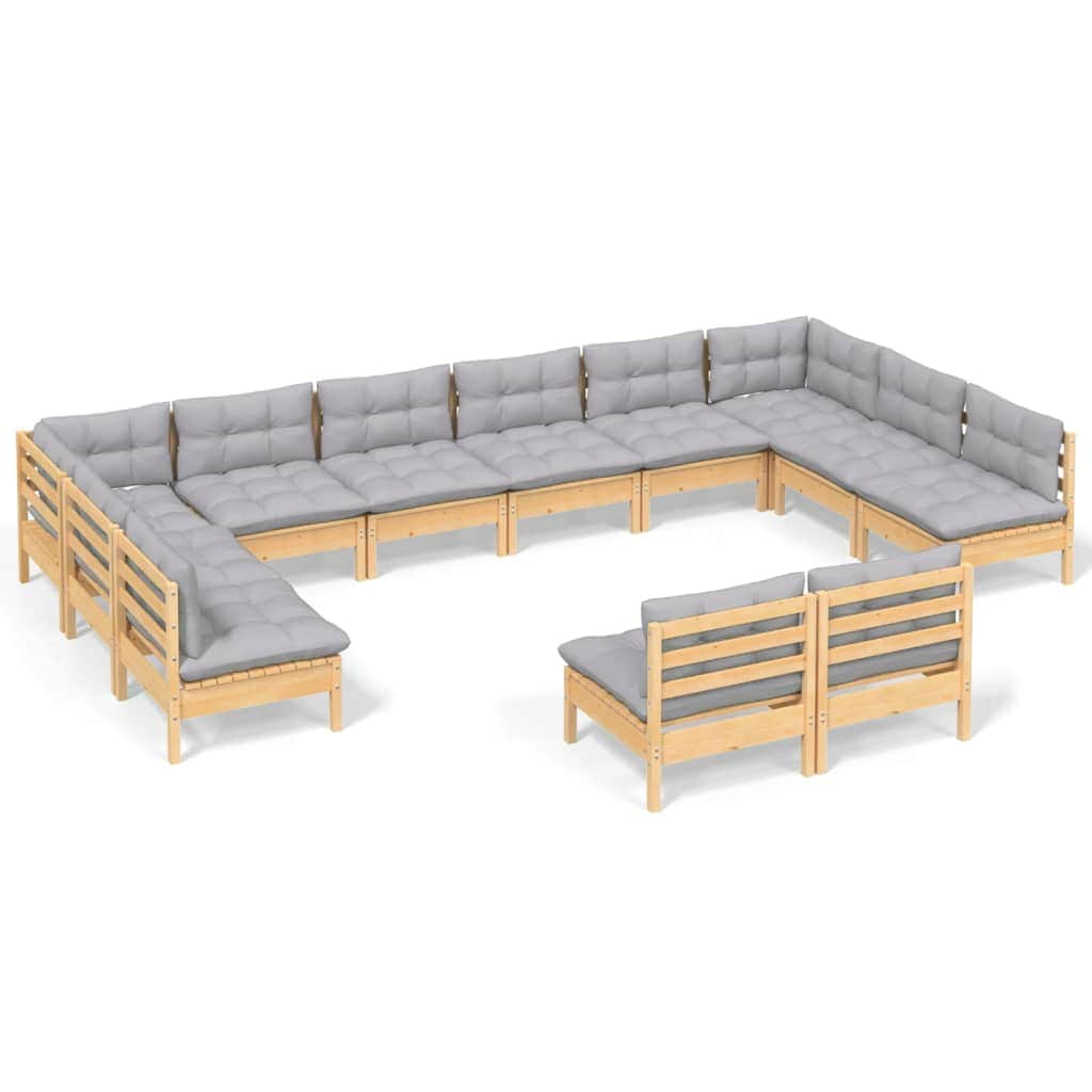 12 Piece Garden Outdoor Lounge Set With Grey Cushions Solid Pinewood