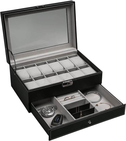 12 Slot Pu Leather Lockable Watch And Jewelry Storage Boxes (Black)