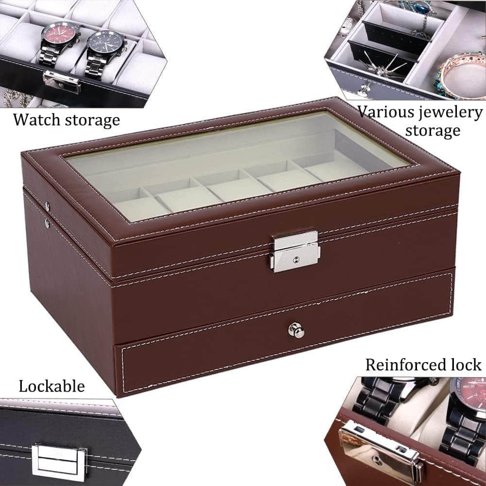 12 Slot Pu Leather Lockable Watch And Jewelry Storage Boxes (Brown)