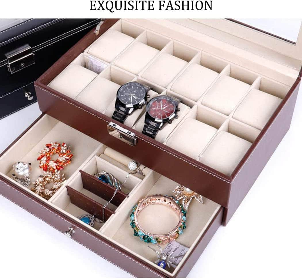 12 Slot Pu Leather Lockable Watch And Jewelry Storage Boxes (Brown)