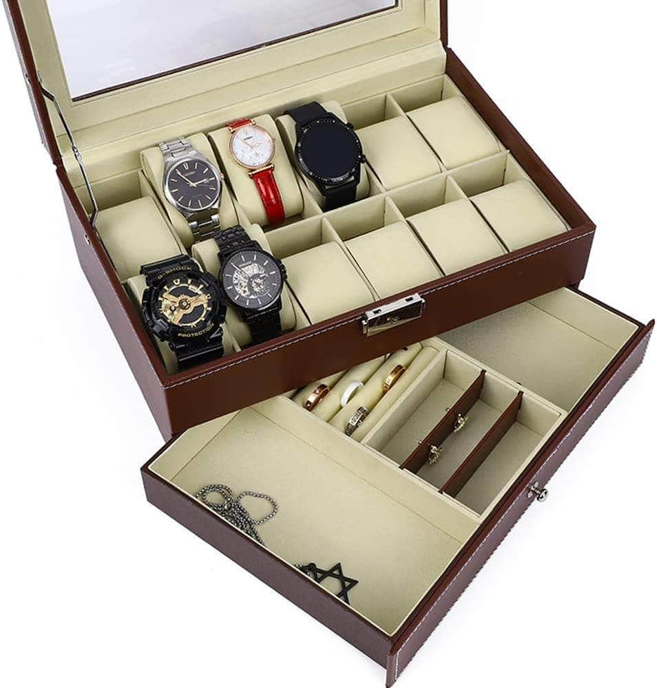 12 Slot Pu Leather Lockable Watch And Jewelry Storage Boxes (Brown)