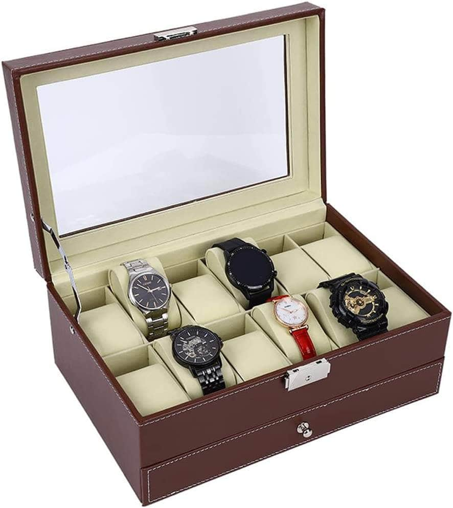 12 Slot Pu Leather Lockable Watch And Jewelry Storage Boxes (Brown)