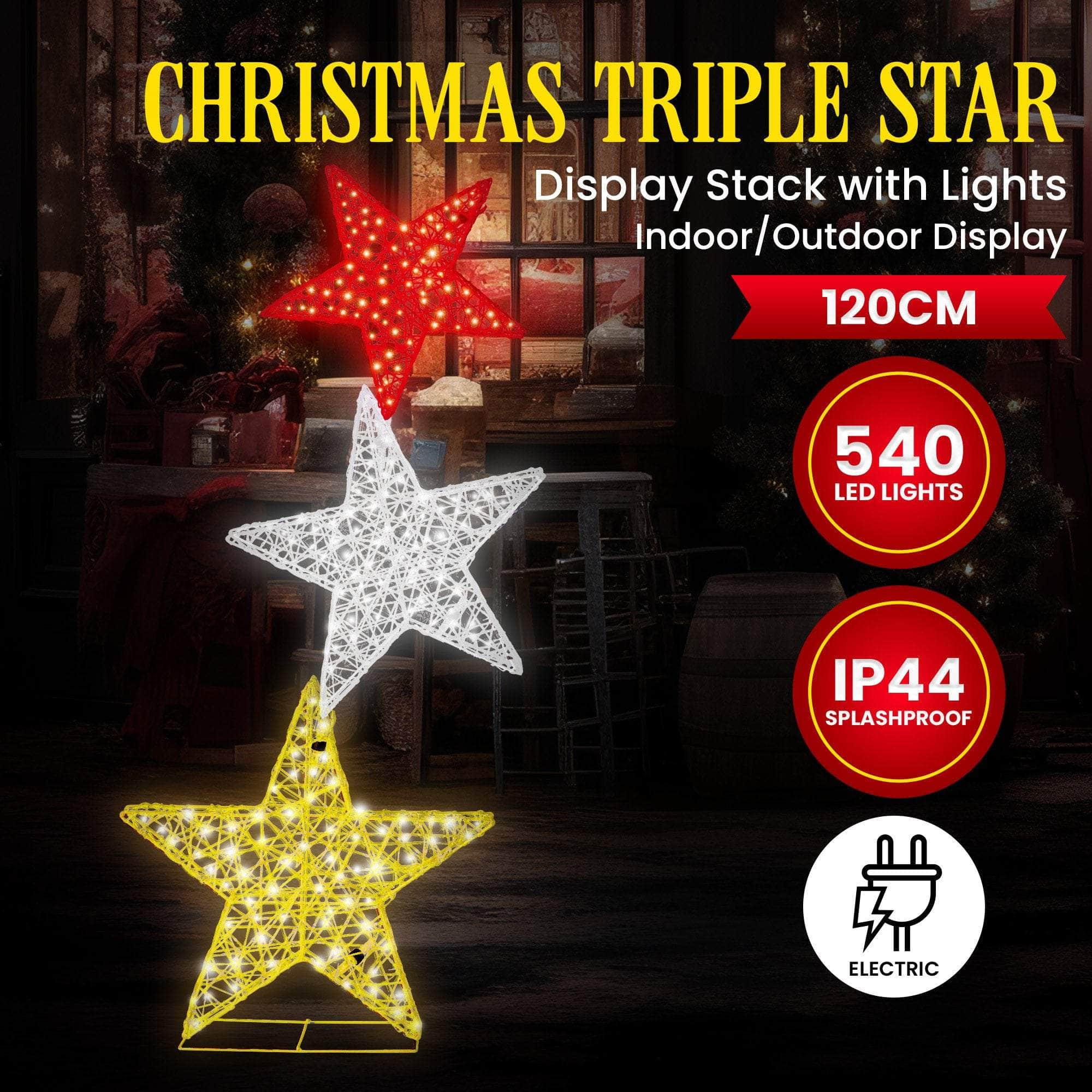 120cm Triple Star Christmas Display with Lights