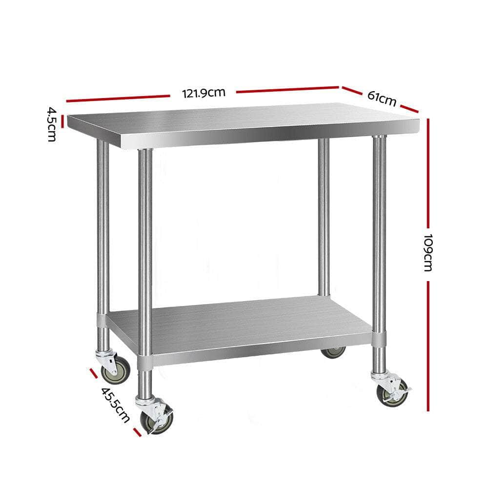 1219X610Mm Stainless Steel Kitchen Bench With Wheels