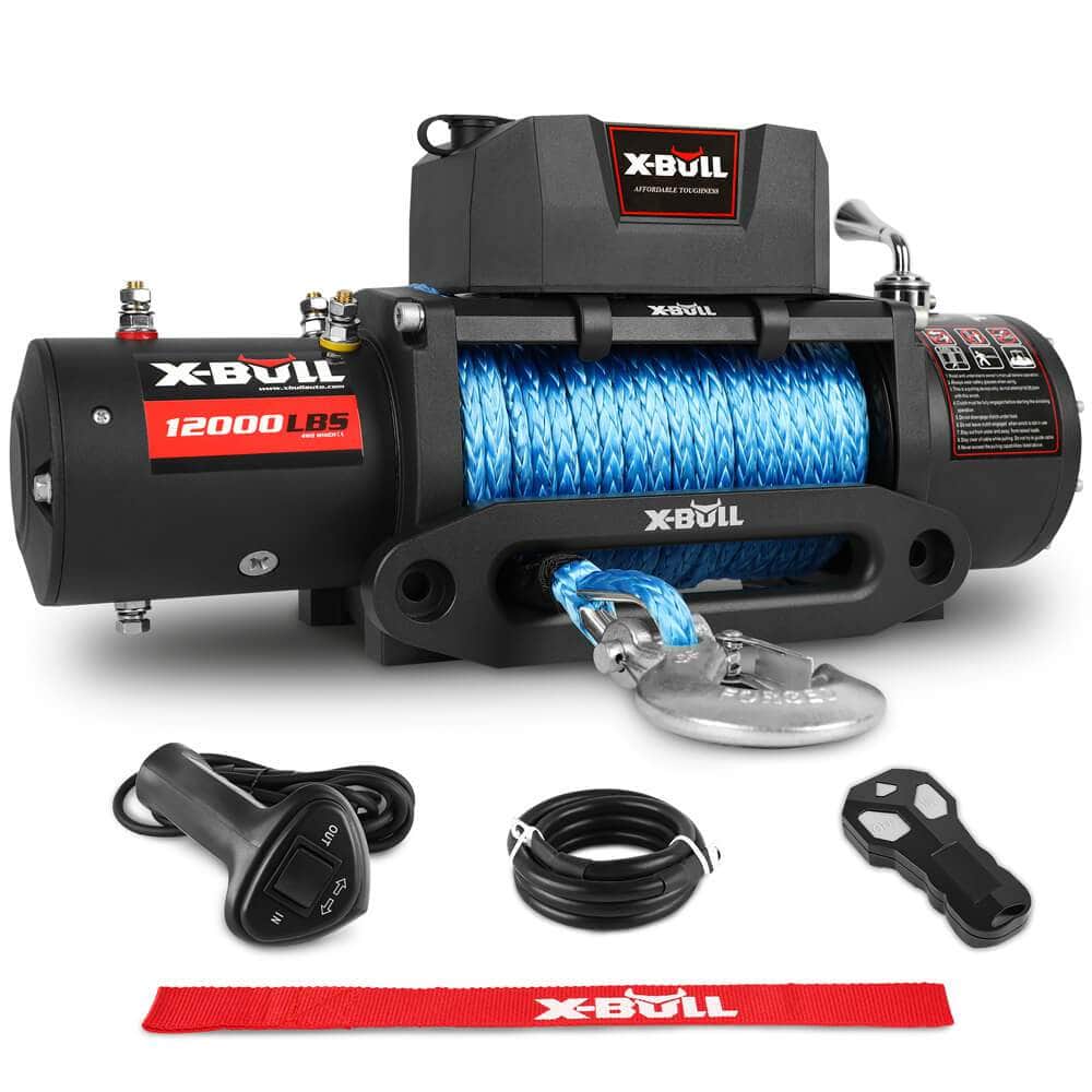 12V Electric Winch 12000LBS synthetic rope with 4PCS Recovery Tracks Gen3.0 Black