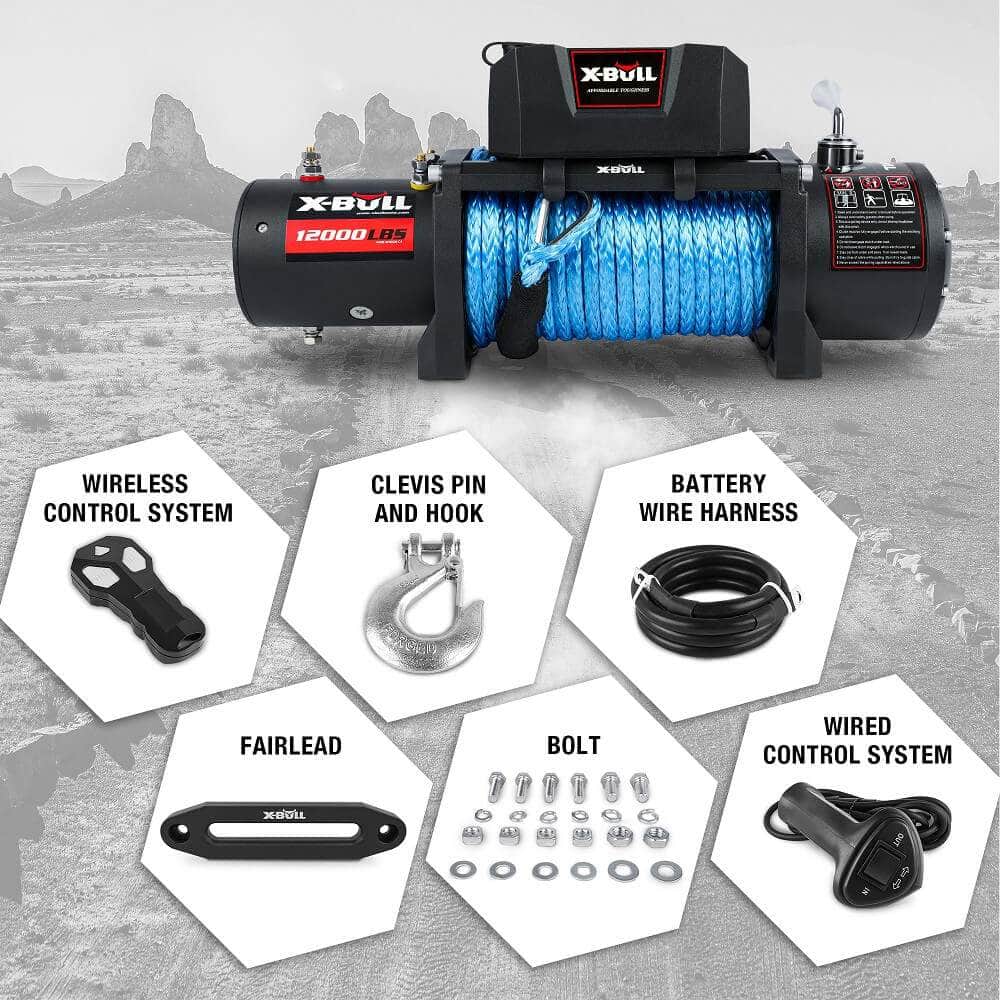 12V Electric Winch 12000LBS synthetic rope with 4PCS Recovery Tracks Gen3.0 Black