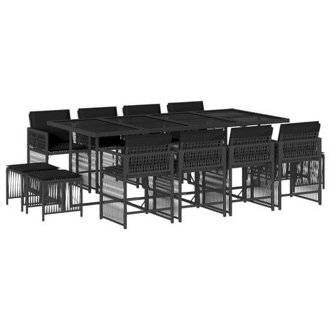 13-Piece Black Poly Rattan Dining Set with Lavish Cushions for Outdoor