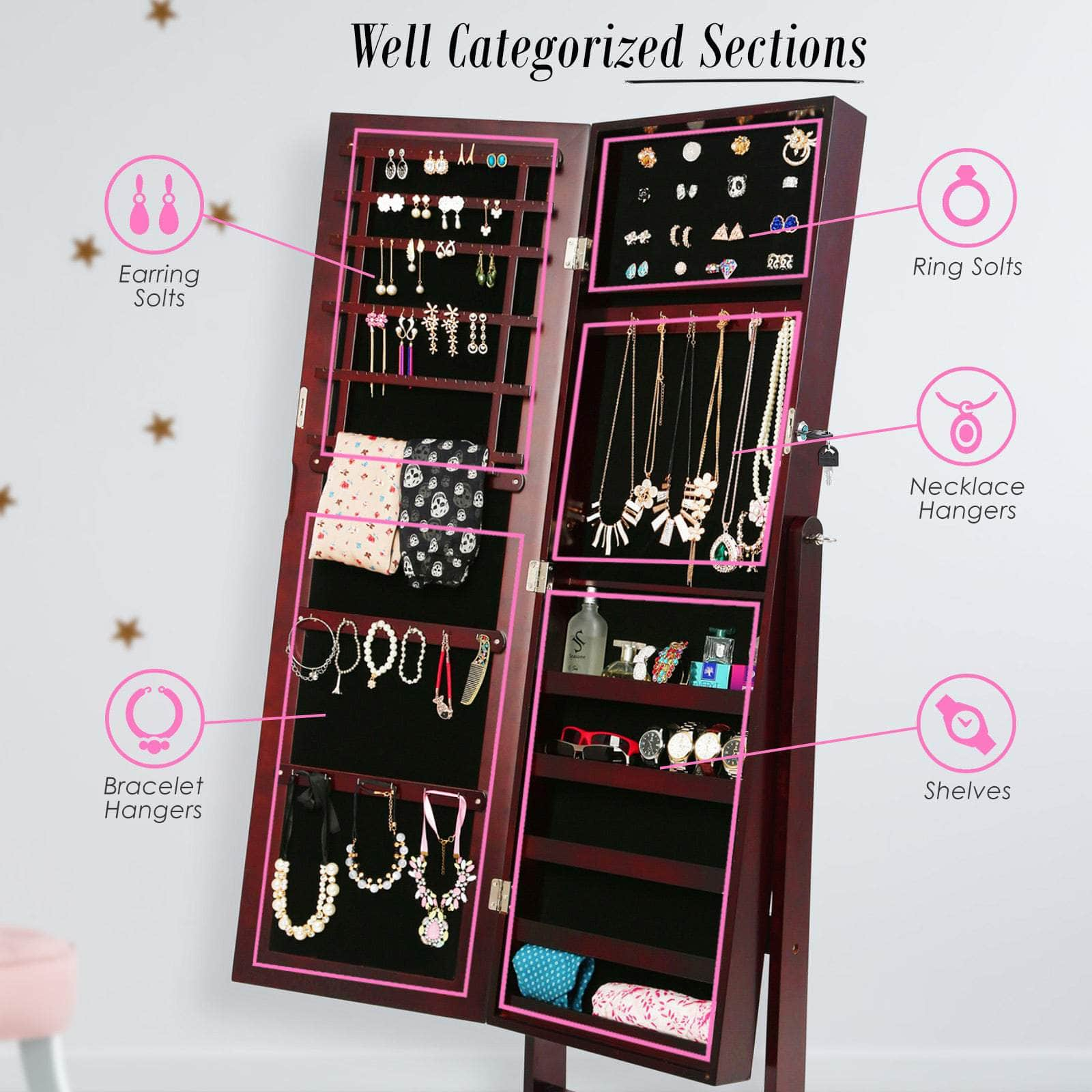 146Cm Walnut Mirror Jewellery Cabinet Storage Organiser Luvo