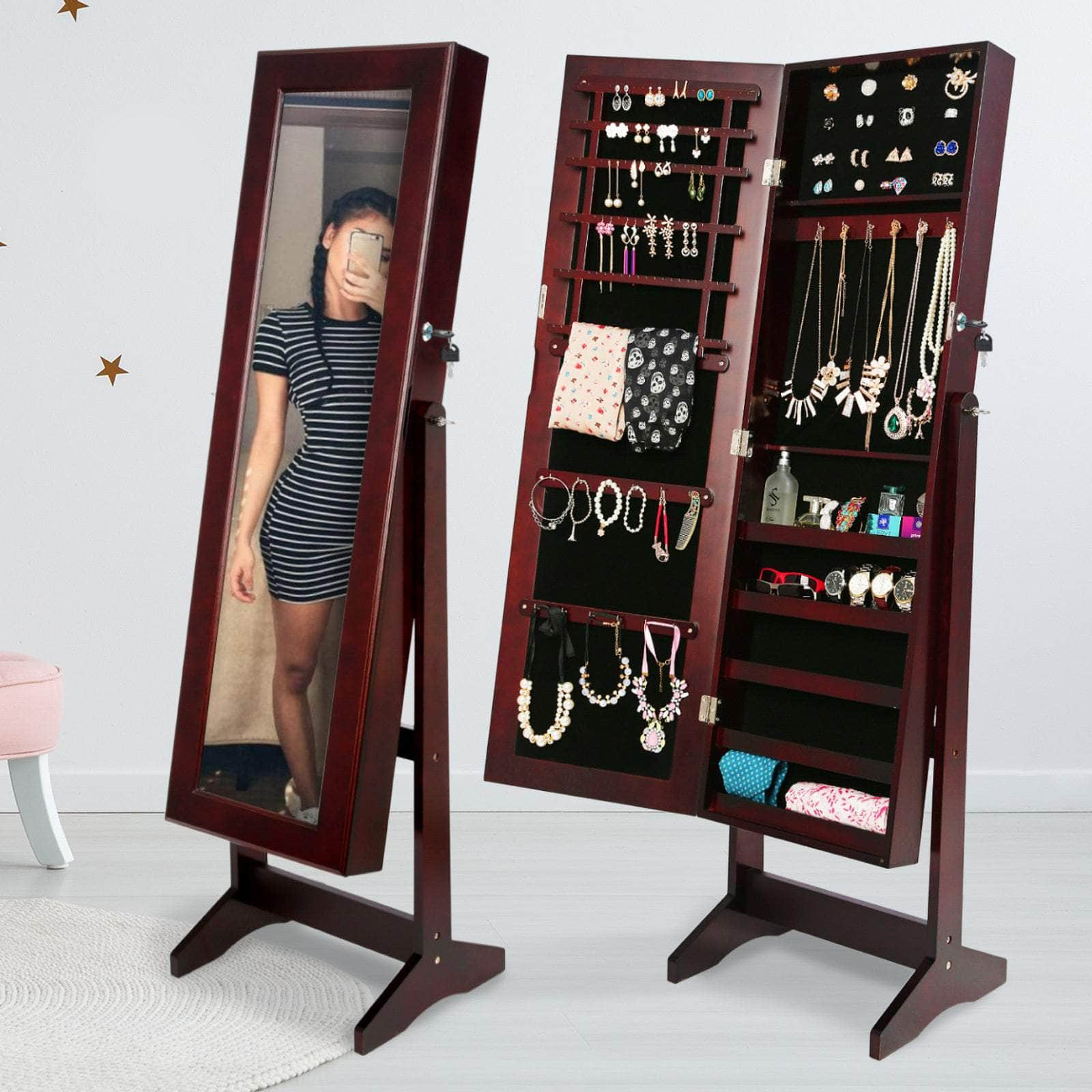 146Cm Walnut Mirror Jewellery Cabinet Storage Organiser Luvo