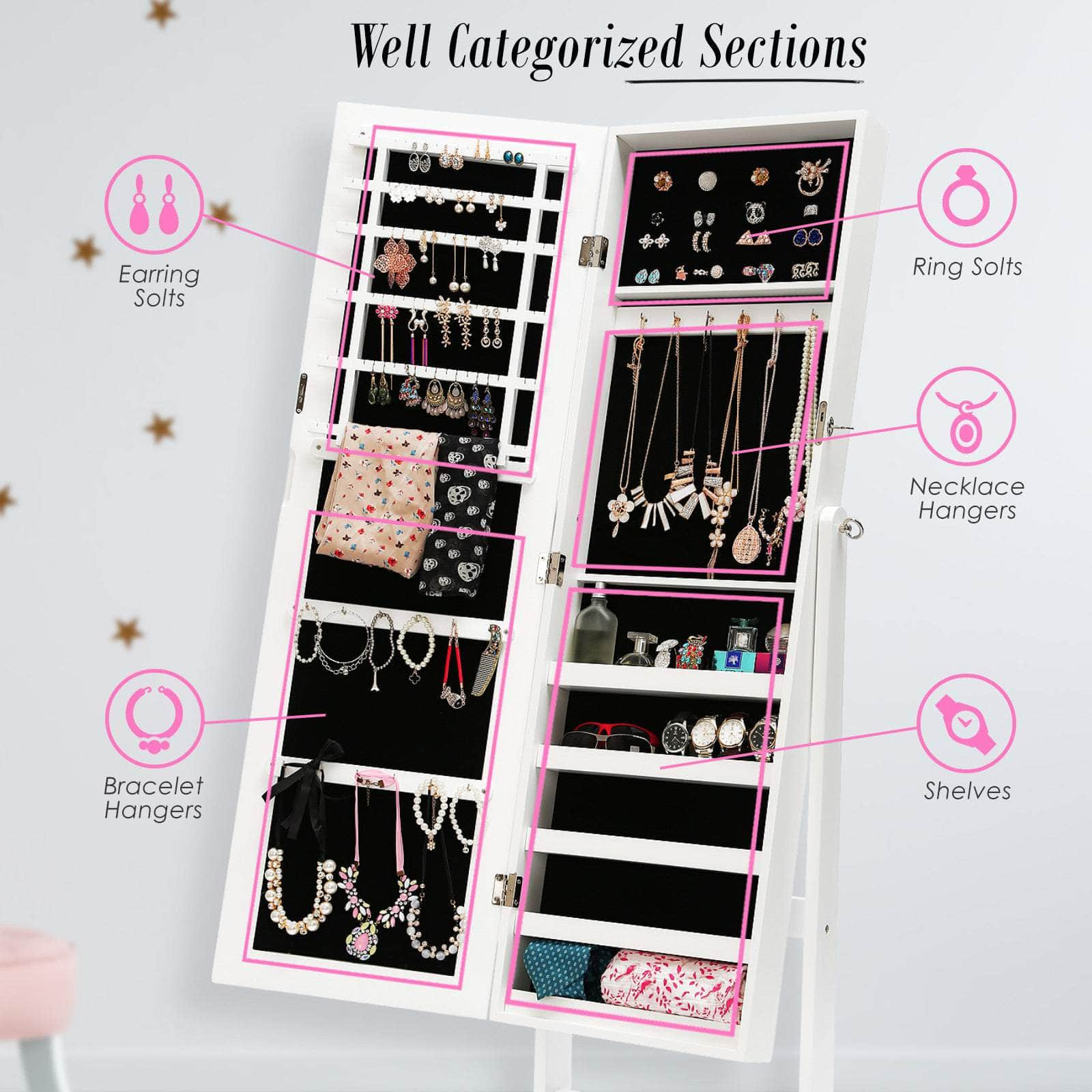 146Cm White Mirror Jewellery Cabinet Storage Organiser Luvo