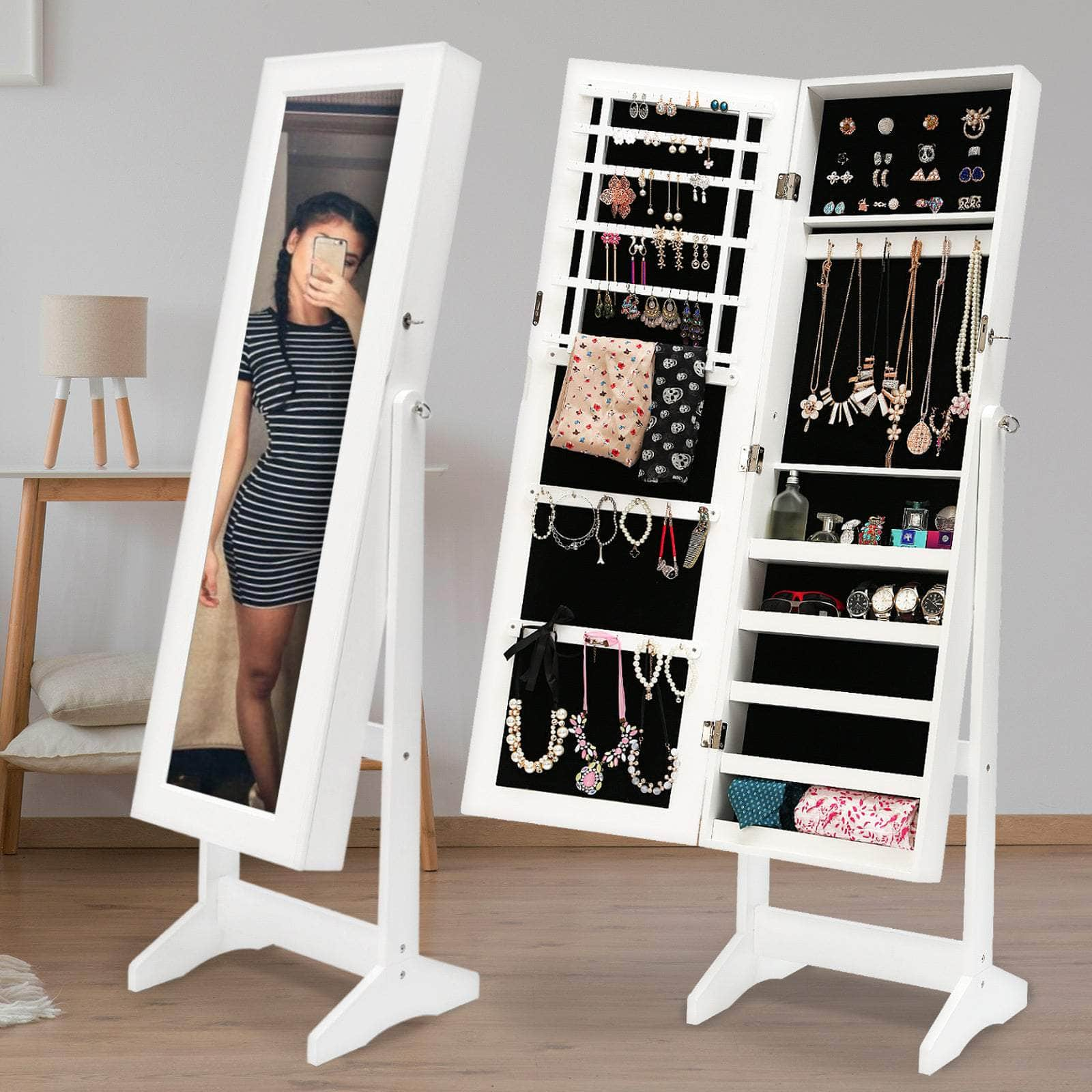 146Cm White Mirror Jewellery Cabinet Storage Organiser Luvo