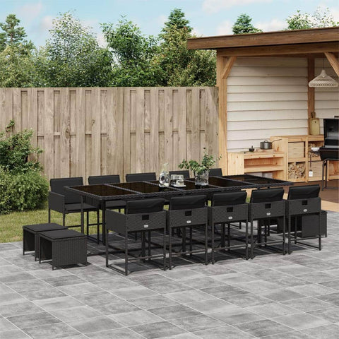 15 Piece Garden Dining Set with Cushions-Black Poly Rattan