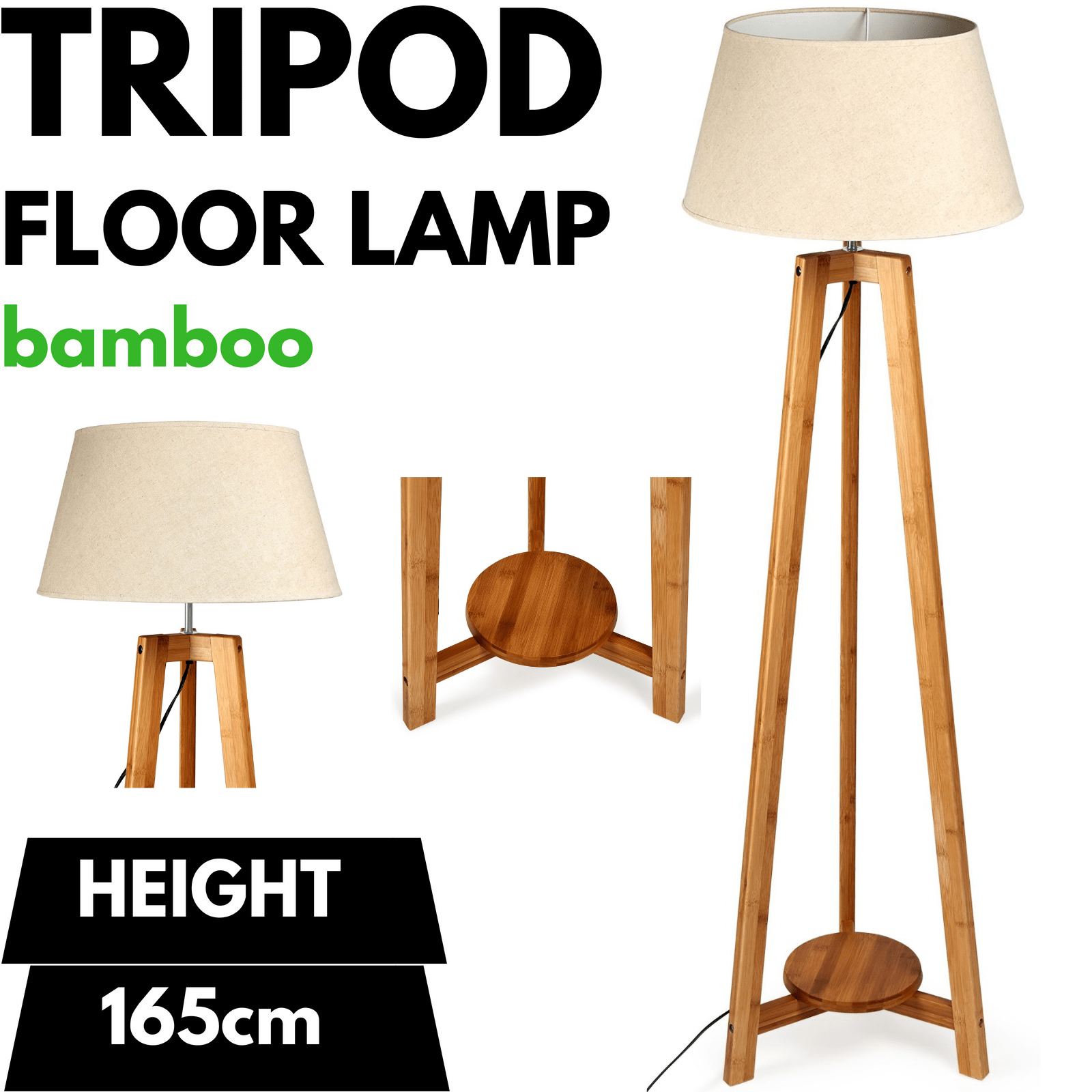 155Cm Bamboo Wooden Tripod Floor Lamp - Beige Linen