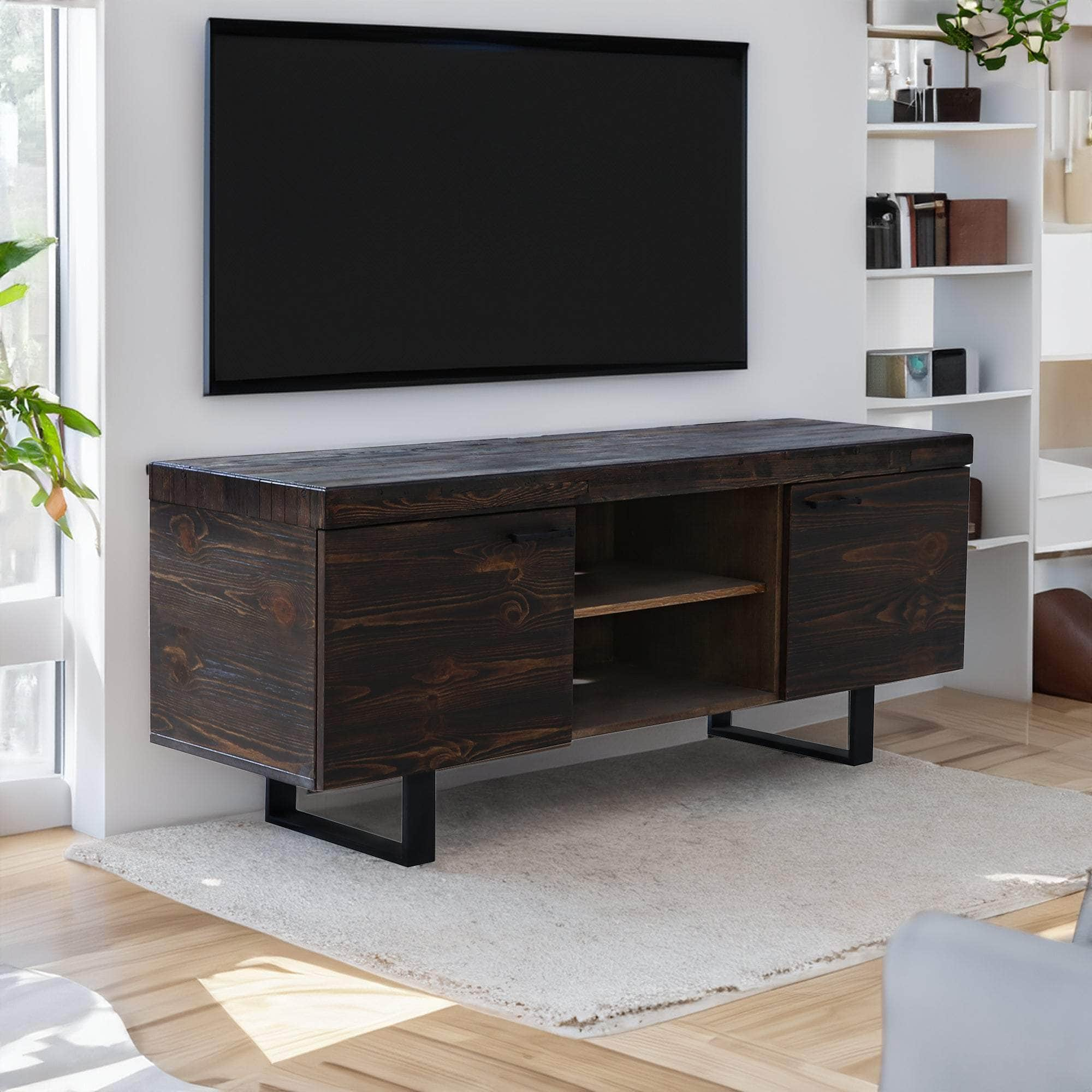 160Cm Entertainment Tv Unit Solid Pine Wood 2 Door Black