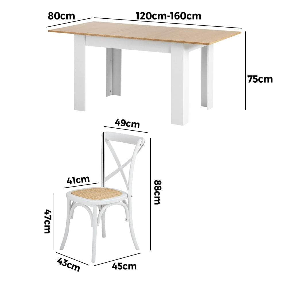 160cm Extendable Dining Table with 4PCS/6PCS Chairs Crossback White