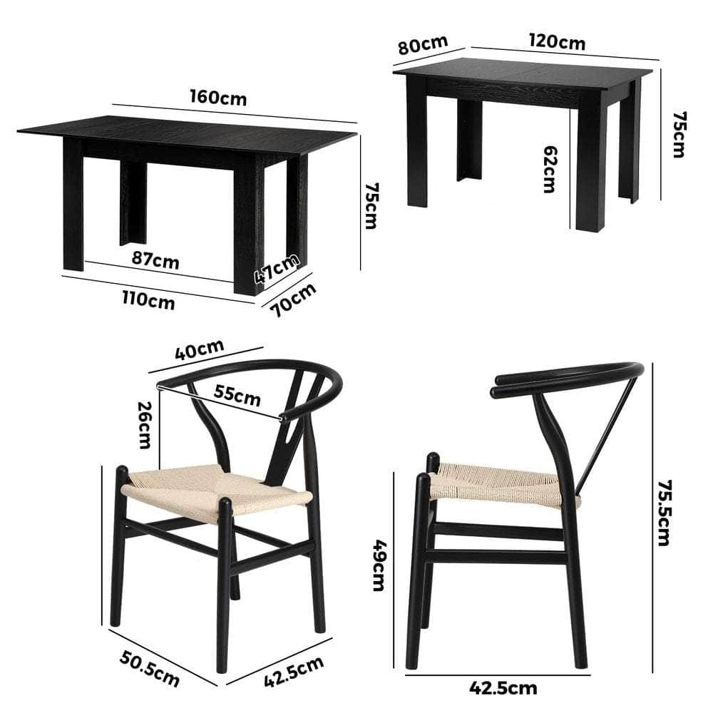 160cm Extendable Dining Table with 4x/6x Dining Chairs Black