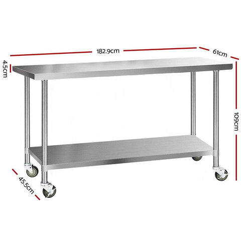 1829X610Mm Stainless Steel Kitchen Bench With Wheels