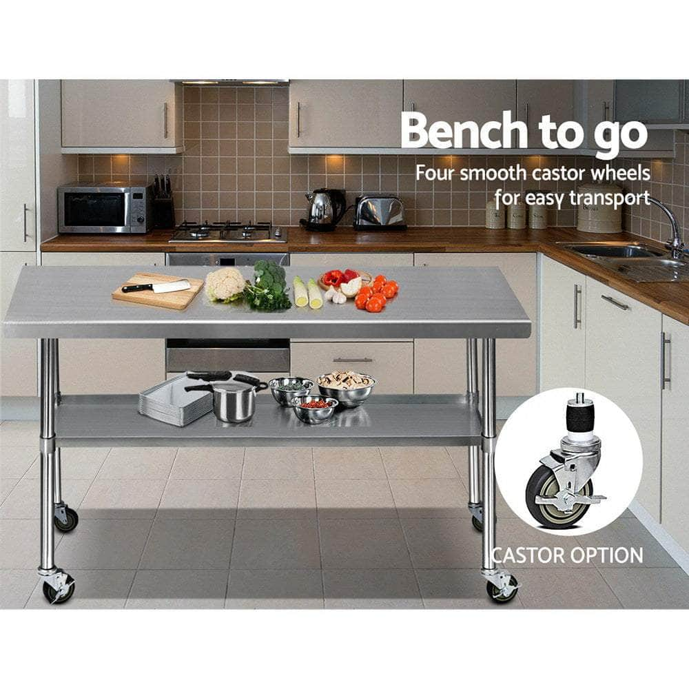 1829X760Mm Stainless Steel Kitchen Bench With Wheels