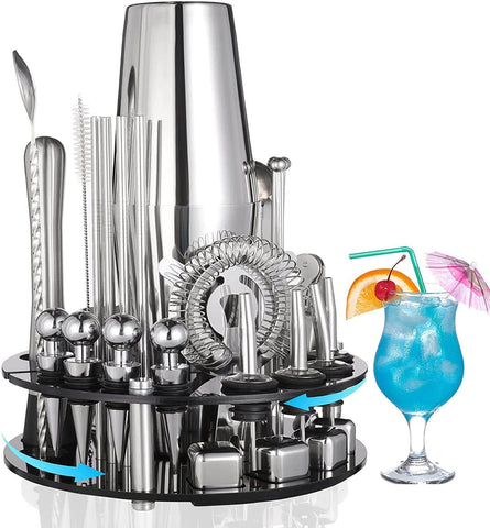 19 Pieces Cocktail Shaker Set Bartender Kit With Rotating 360 Display Stand