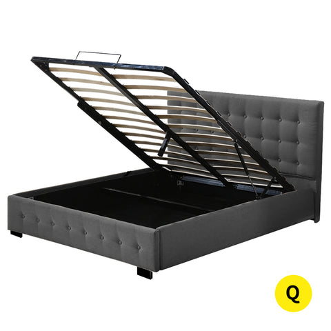 Fabric Bed Frame Queen Tufted Dark Grey