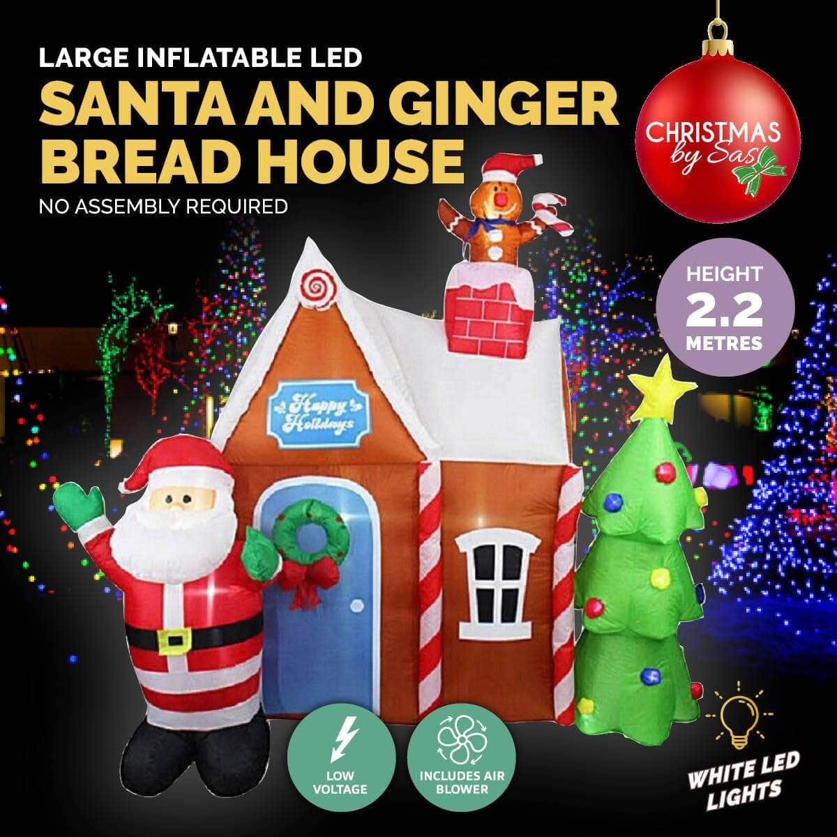 2.2m Gingerbread House & Santa Self Inflating LED Lights