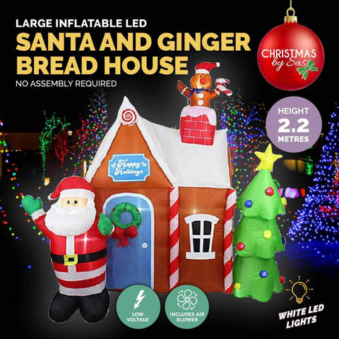 2.2m Gingerbread House & Santa Self Inflating LED Lights