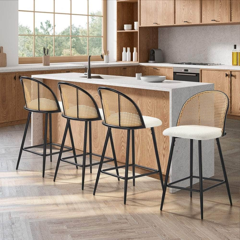 2/4x Bar Stools Kitchen Counter Stool Rattan Boucle Fabric