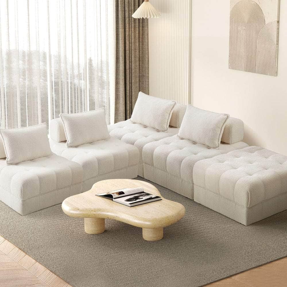 2-6 Seater Boucle Modular Sofa & Ottoman Set Armless White