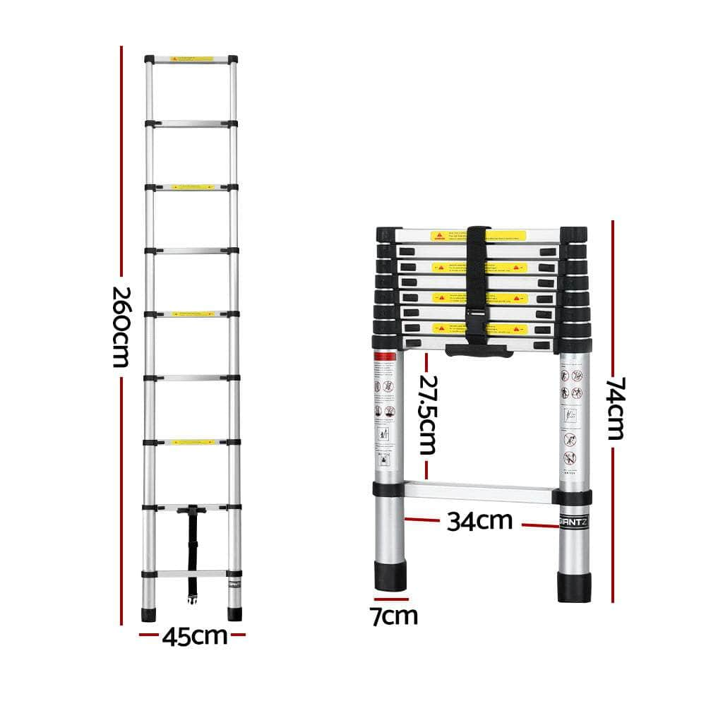 2.6M Telescopic Ladder Aluminium Extension Extendable Steps Adjustable Height