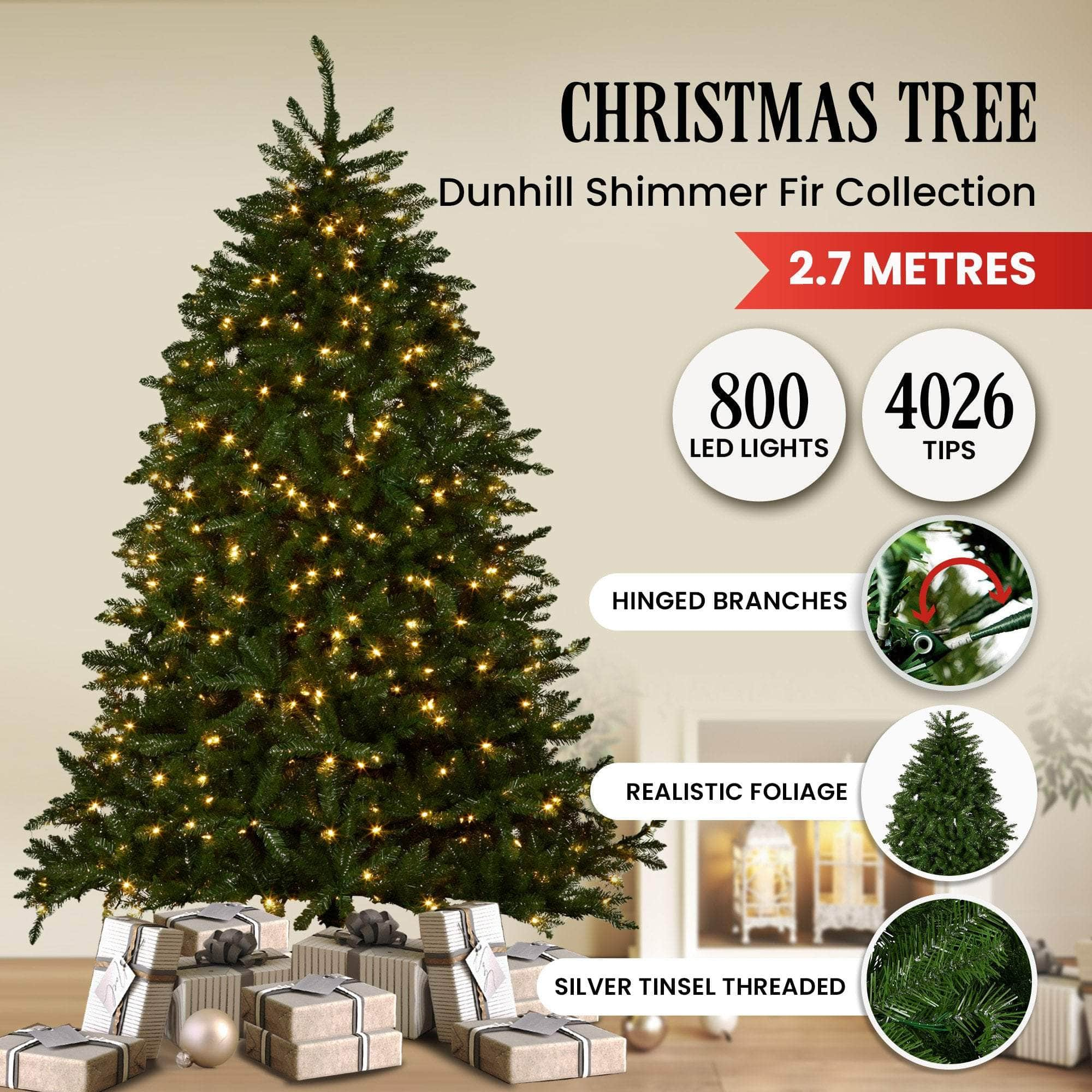 2.7m Dunhill Shimmer Fir Pre-Lit Christmas Tree