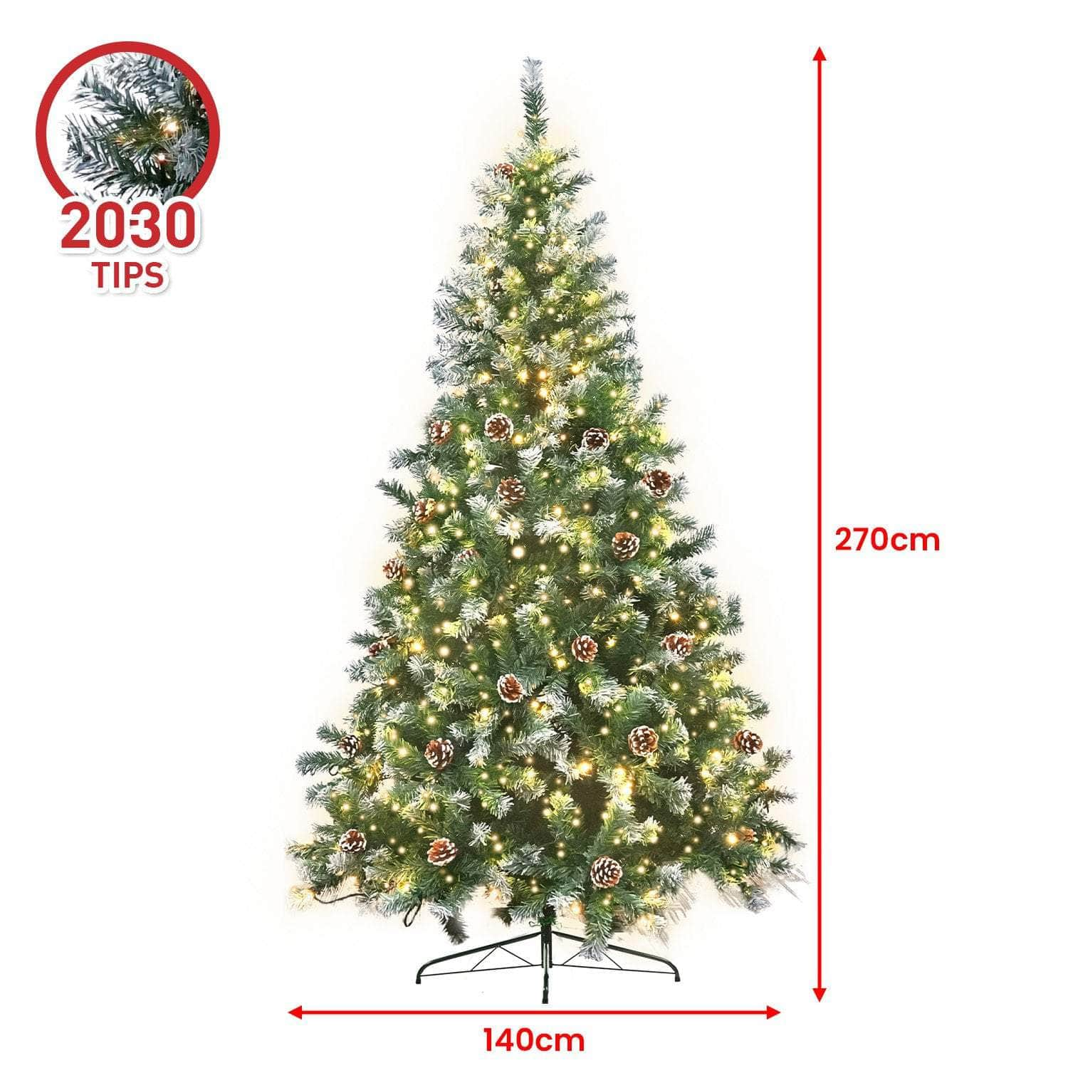 2.7m Pre Lit LED Christmas Tree with Pine Cones