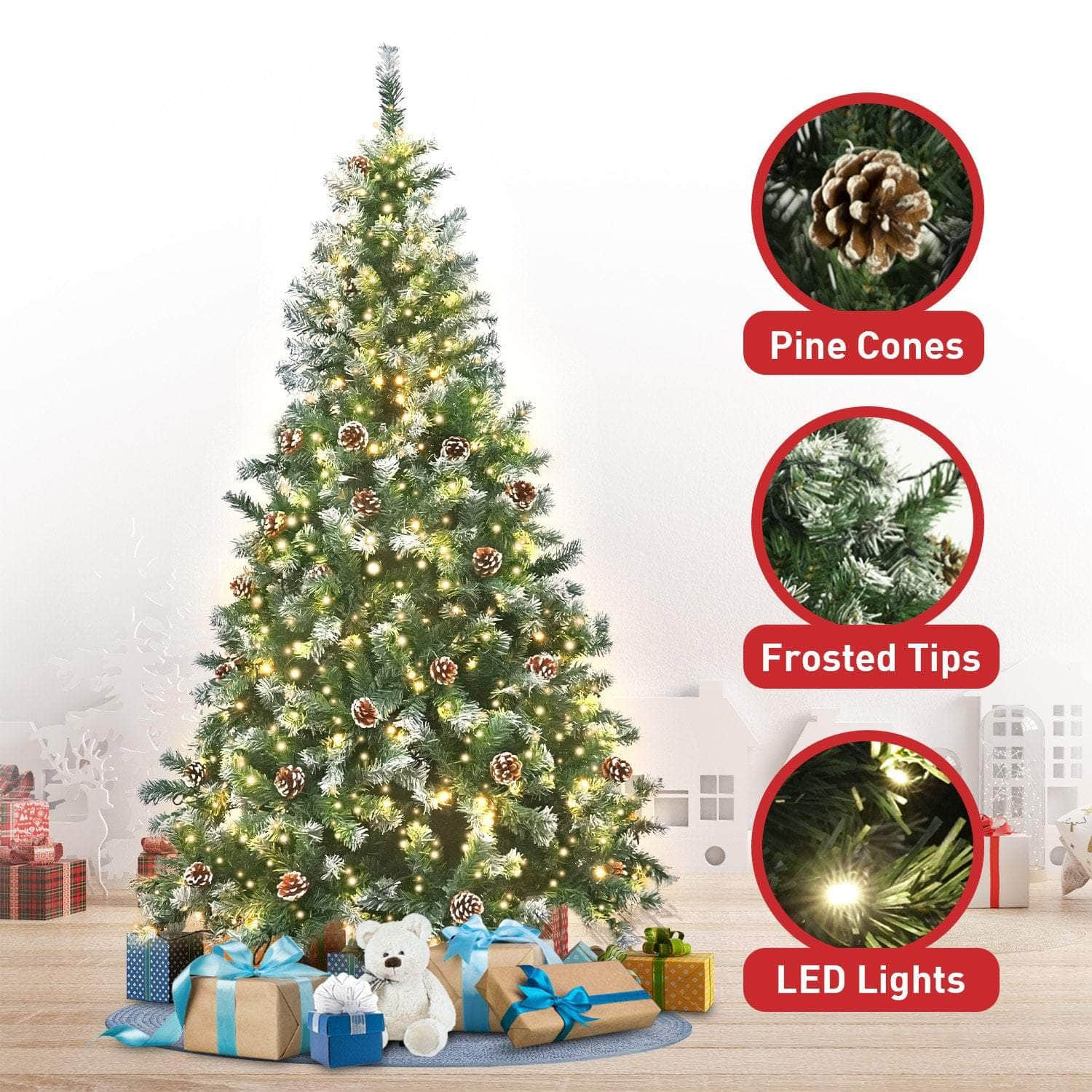 2.7m Pre Lit LED Christmas Tree with Pine Cones