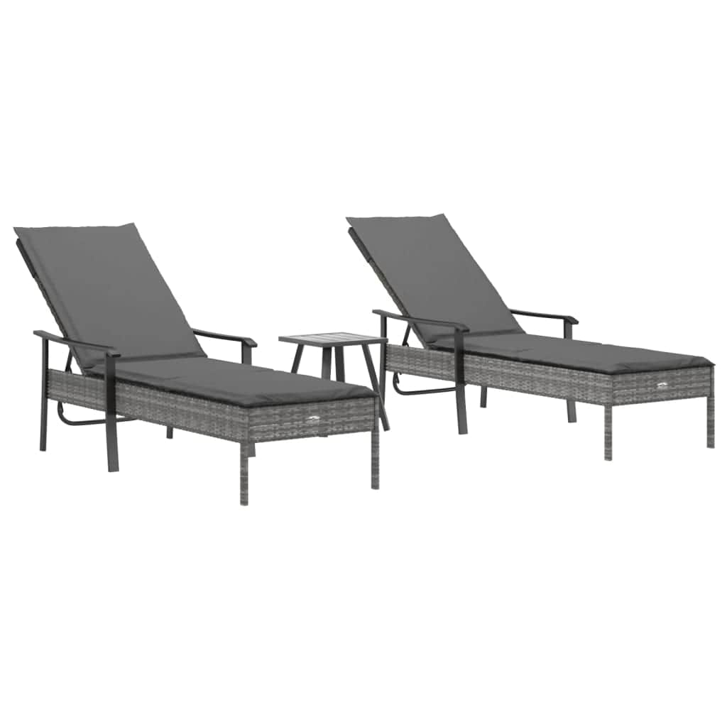 2 Grey Poly Rattan Sun Loungers with Table and Cushions