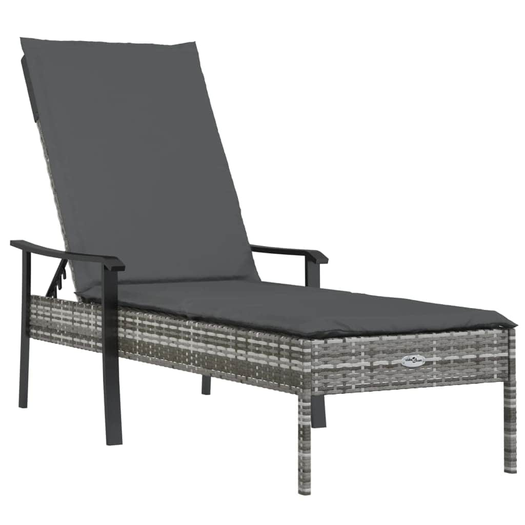 2 Grey Poly Rattan Sun Loungers with Table and Cushions